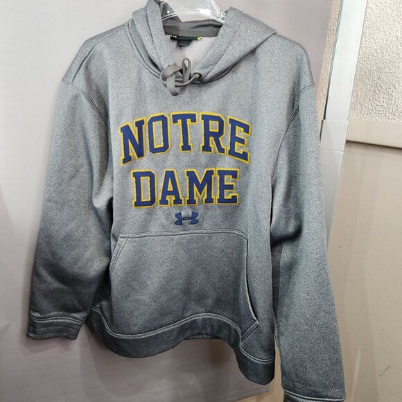 Under Armour Men Notre Dame Hoodie Sweatshirt L Grey Blue Gold Spell Out NCAA